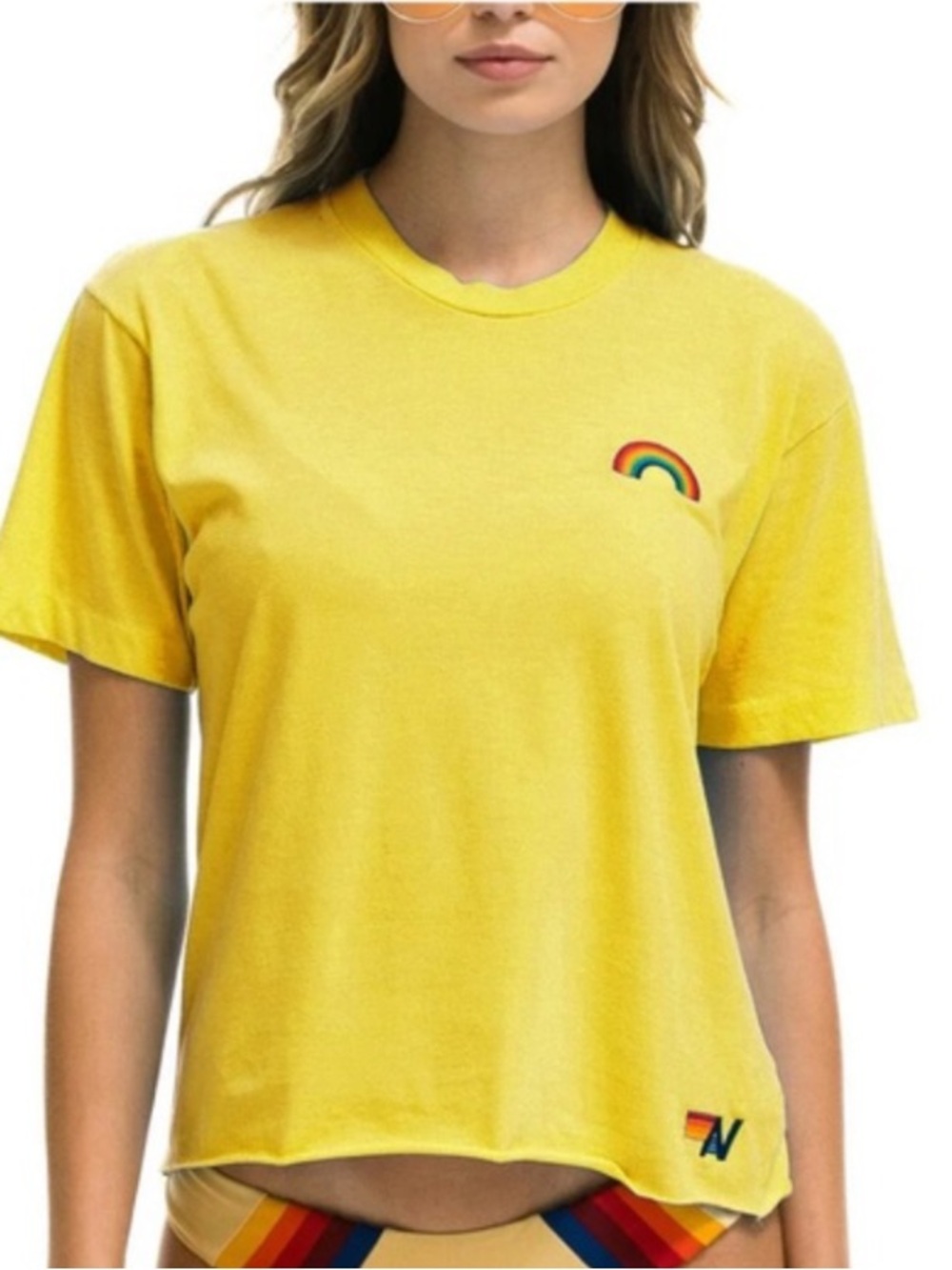 Aviator Nation Yellow cropped t-shirt with embroidered Rainbow size small
